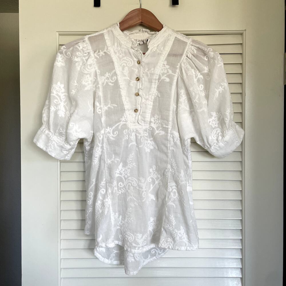 Anthropologie Akemi + Kin White Cotton Embroidered Puff Sleeve Blouse XS Boho - Picture 4 of 10